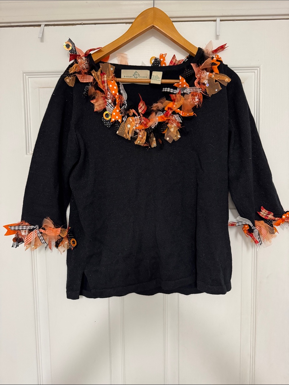 Black Long Sleeve Top with Orange Ribbon Trim